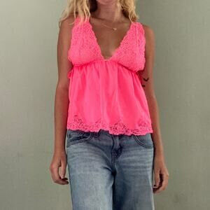Victorias Secret Neon Hot Pink Lace Babydoll Cami Top Size Large Bimbo Baddie